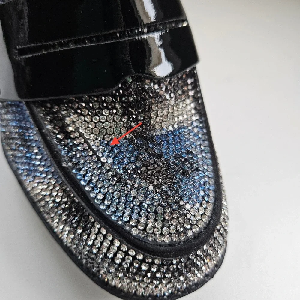 Rhinestone Heel Loafers Platform Block Plaid 6.5 Glam Sparkle Maximalist Party